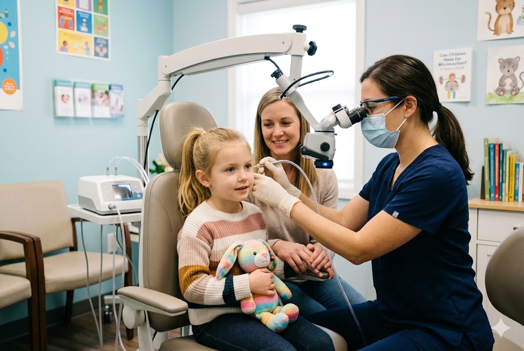 A specialist performs ear microsuction on a young girl while her mother watches on during the appointment.