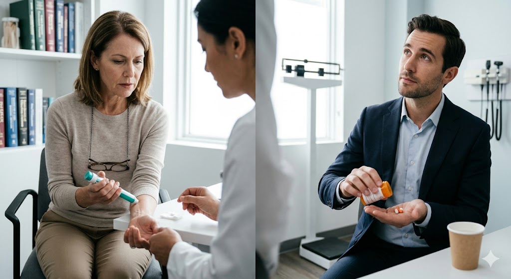 A woman considers a weight loss injection pen whilst a man reviews medication tablets at separate GP appointments.