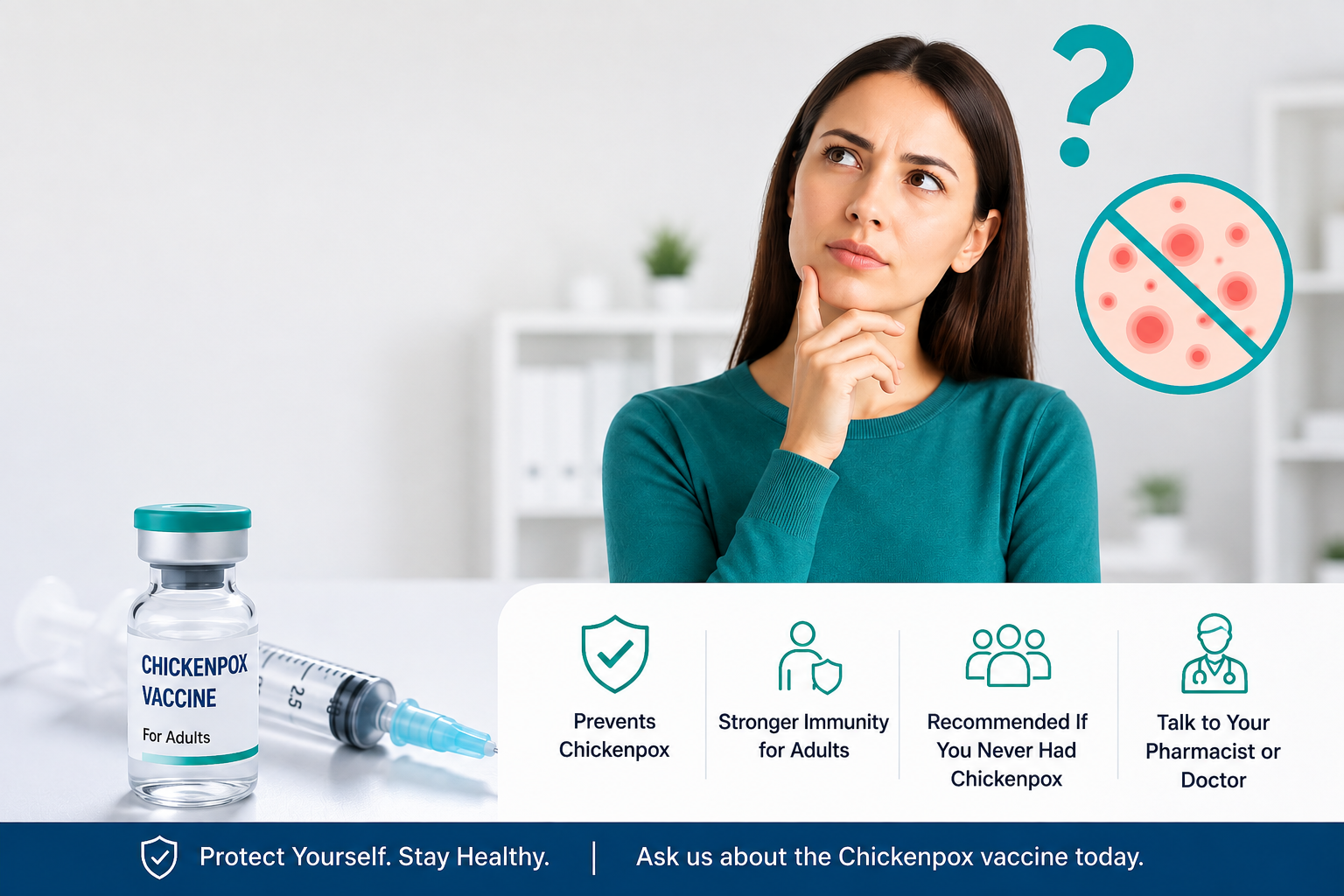 Adult considering chickenpox vaccination with a vaccine vial and syringe, highlighting protection for adults who have never had chickenpox.
