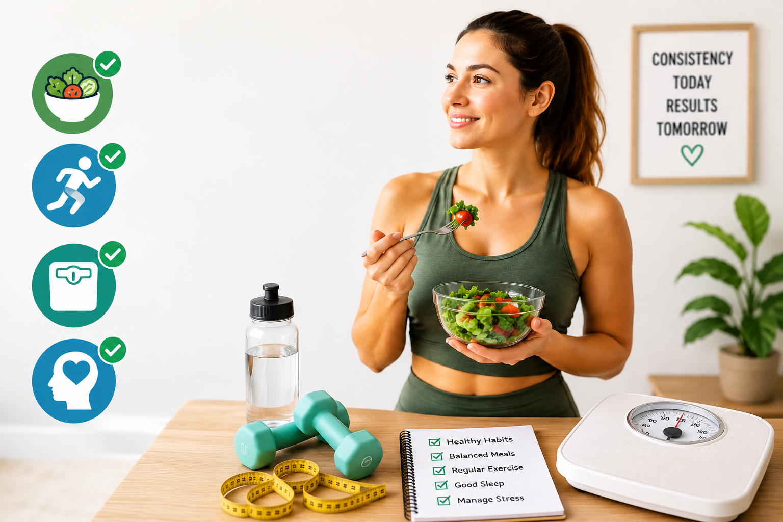 Woman maintaining healthy habits with a balanced salad, exercise equipment, weighing scales and a healthy lifestyle checklist after weight loss.