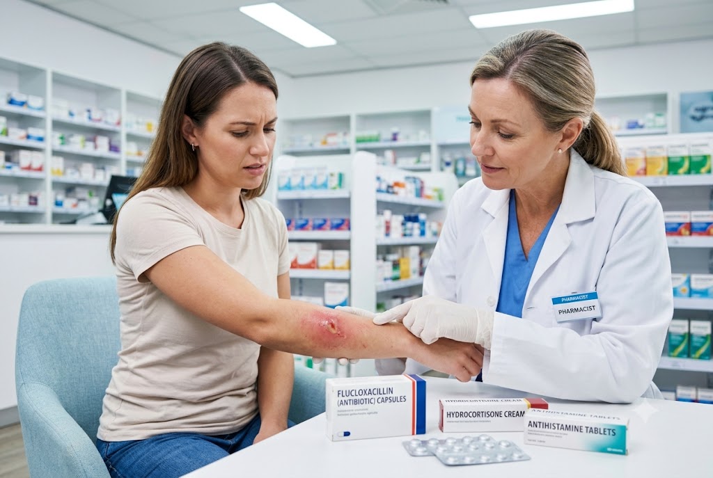 Pharmacist examining a patient's infected insect bite and reviewing antibiotic and antihistamine treatment options