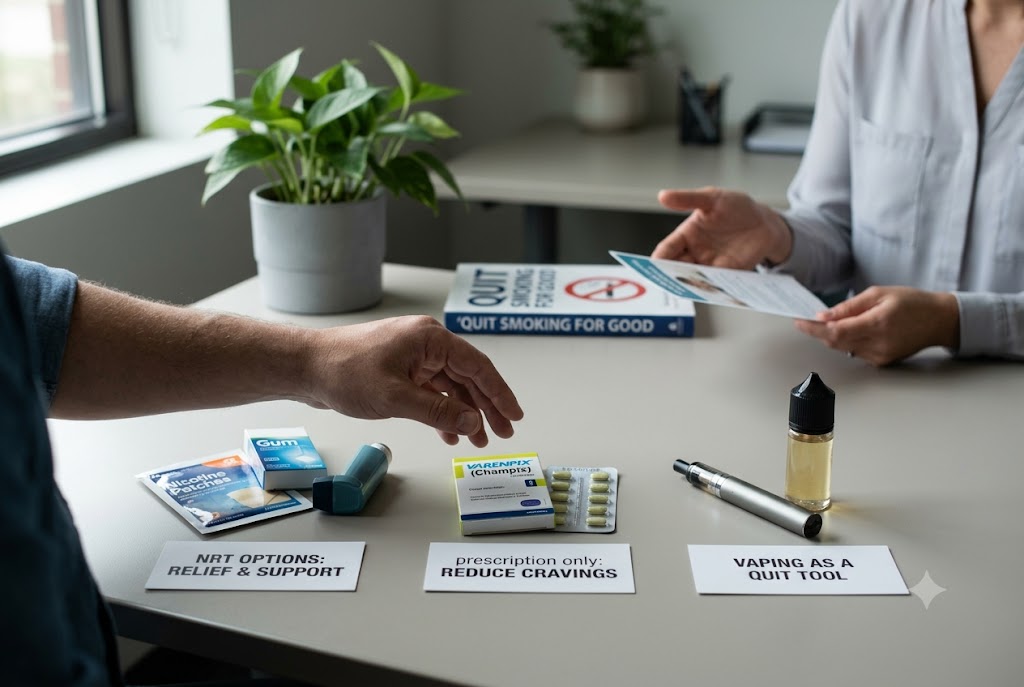 Pharmacist discussing NRT, prescription stop smoking treatment and vaping options with a patient at Oakwood Pharmacy