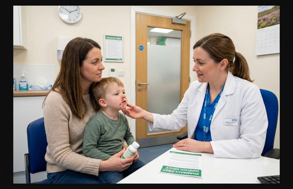 Pharmacist examining a child's impetigo symptoms during an NHS Pharmacy First consultation with their parent