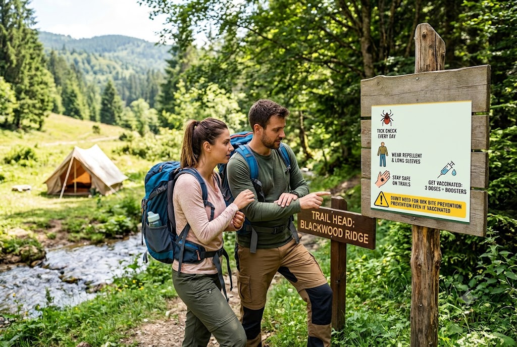 Two hikers with backpacks reading a tick-borne encephalitis (TBE) vaccination and tick bite prevention sign at a forest trail before a camping trip.