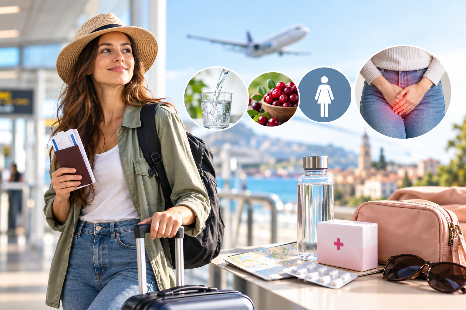 Solo female traveller at an airport with luggage, water and travel essentials, illustrating UTI prevention and treatment while travelling alone.