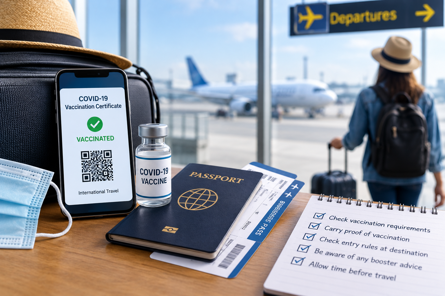 Smartphone showing a COVID vaccination certificate with vaccine vial, passport and boarding passes at an airport departure gate