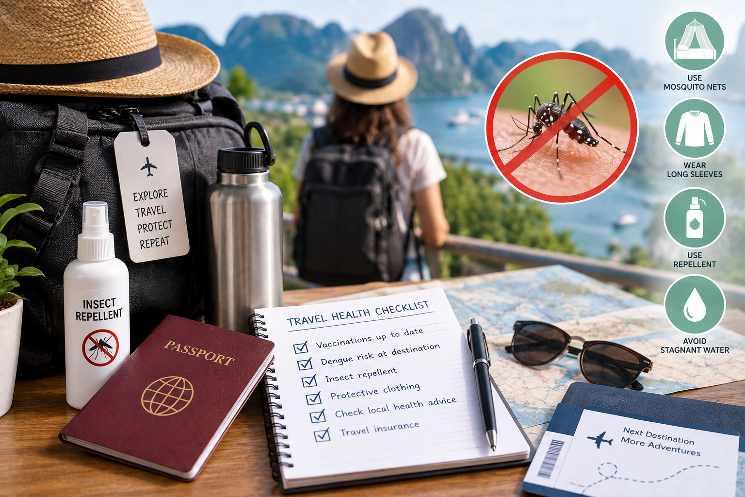 Travel health checklist, insect repellent and passport with mosquito bite prevention icons for dengue protection on trips abroad
