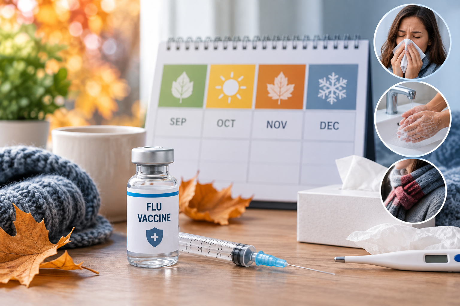 Flu vaccine vial and syringe beside an autumn calendar showing September to December, with tissues and cold weather flu symptoms